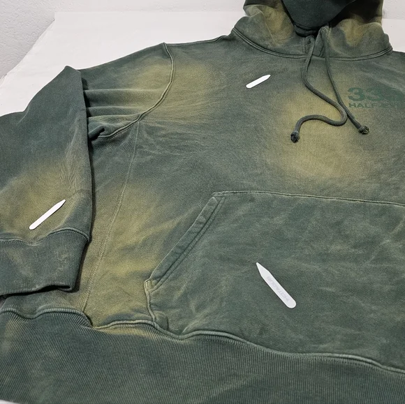 333 Half-Evil Hoodie XL Green Distressed Acid Wash Skater Streetwear Pullover - Picture 8 of 11